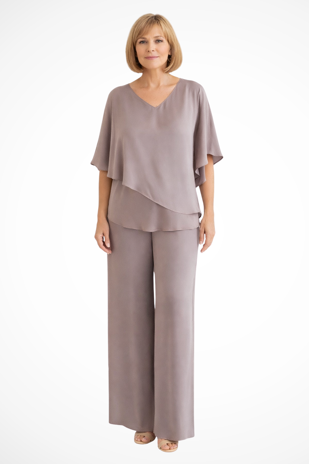 Stunning gold women's two-piece elegant set with V-neck batwing top & wide leg pants.