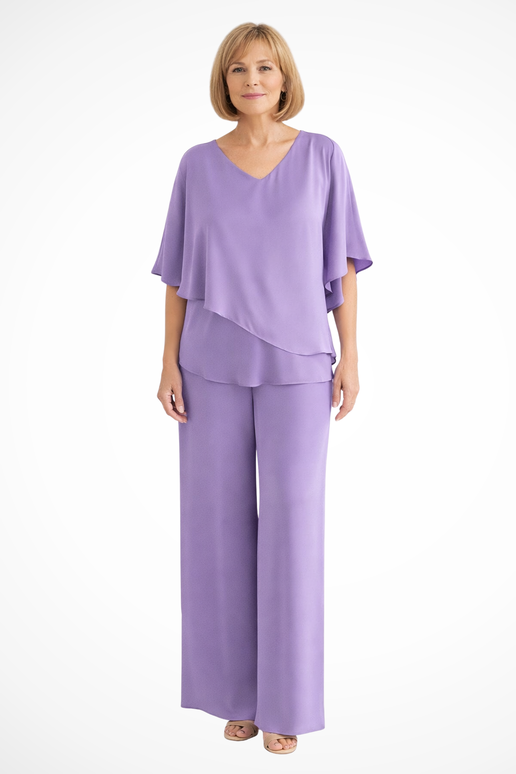 Red rose elegant V-neck two-piece set for women, batwing top & wide leg pants. Stylish fashion.