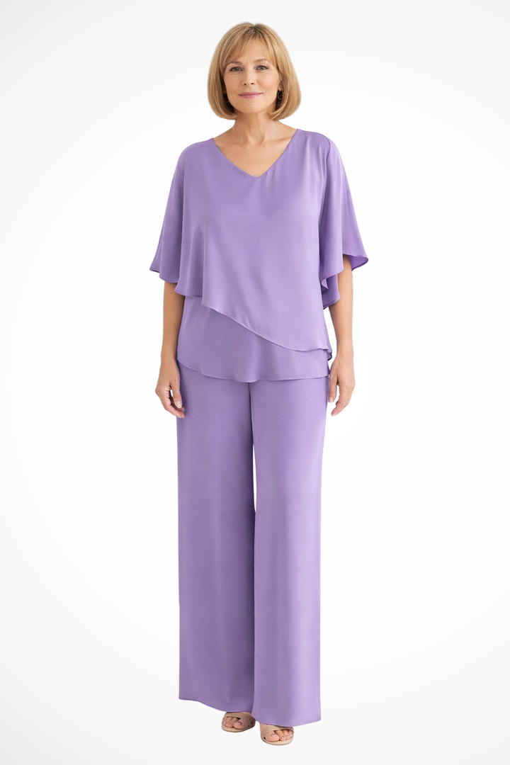 Red rose elegant V-neck two-piece set for women, batwing top & wide leg pants. Stylish fashion.