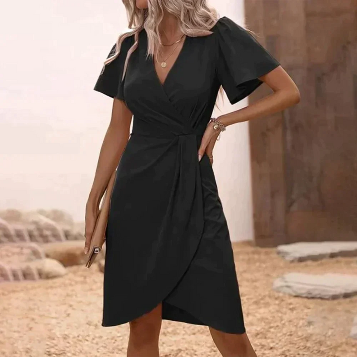 Comfortable women's V-neck wrap dress, provides a flattering & elegant silhouette.