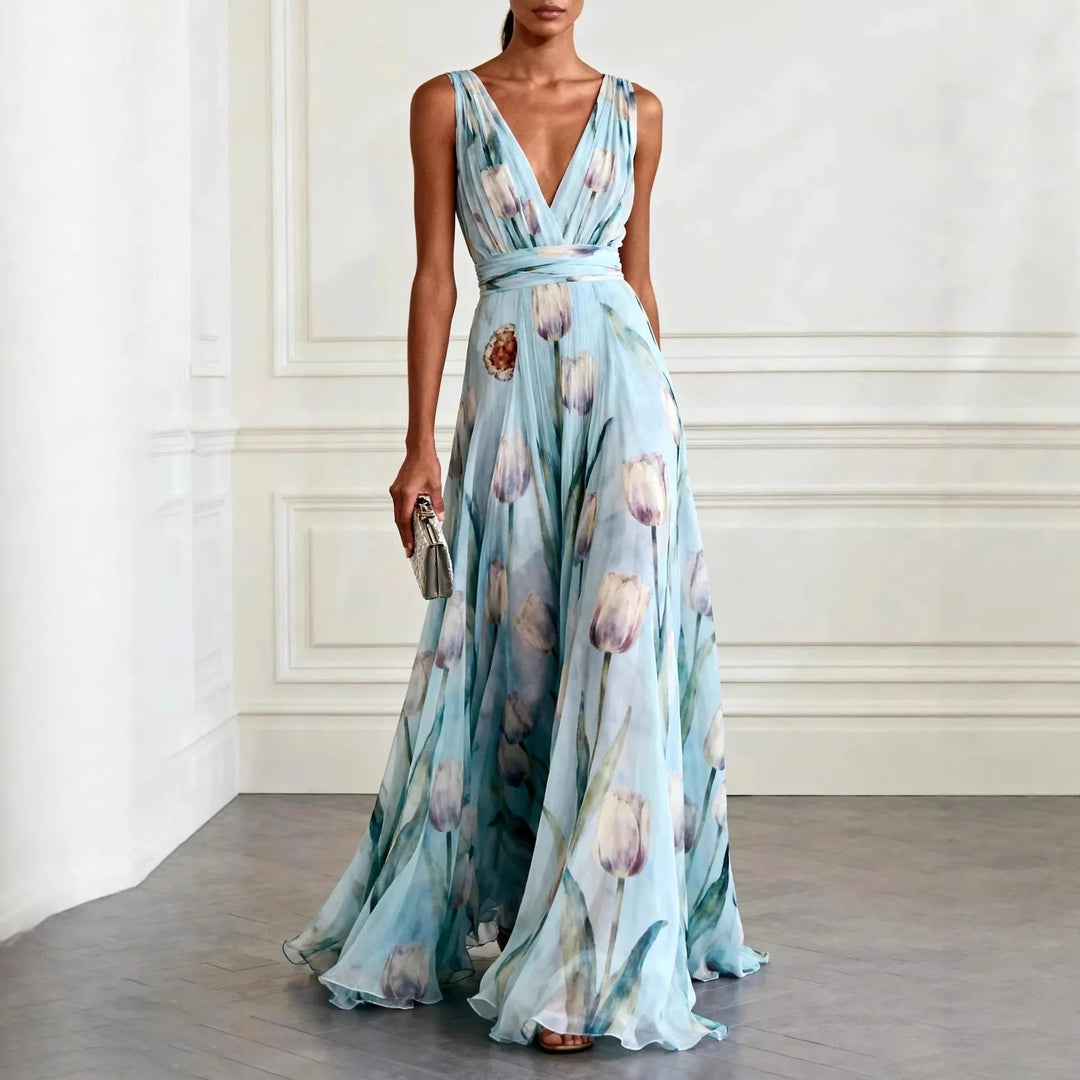 Elegant women's V-neck wrap maxi dress in flowing fabric, perfect for spring and summer occasions.