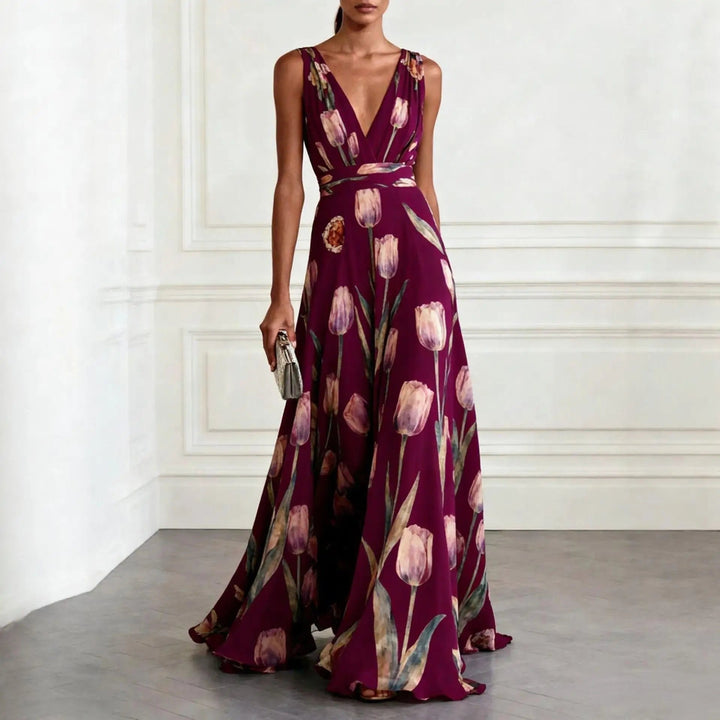 Women's floral V-neck wrap maxi dress, a comfortable and stylish choice for parties and formal events.