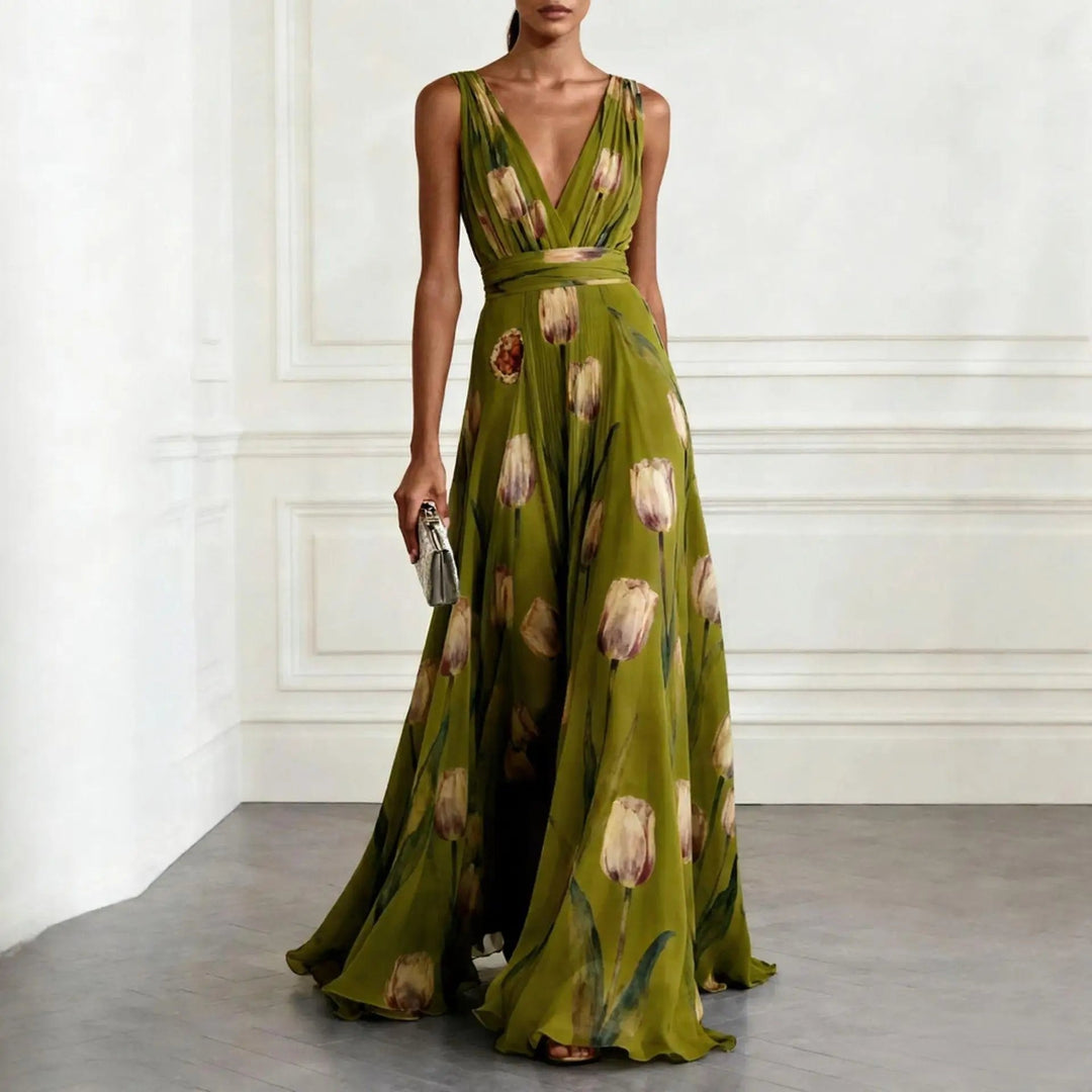 Stylish women's V-neck wrap maxi dress with a flattering silhouette, perfect for any party or formal event.