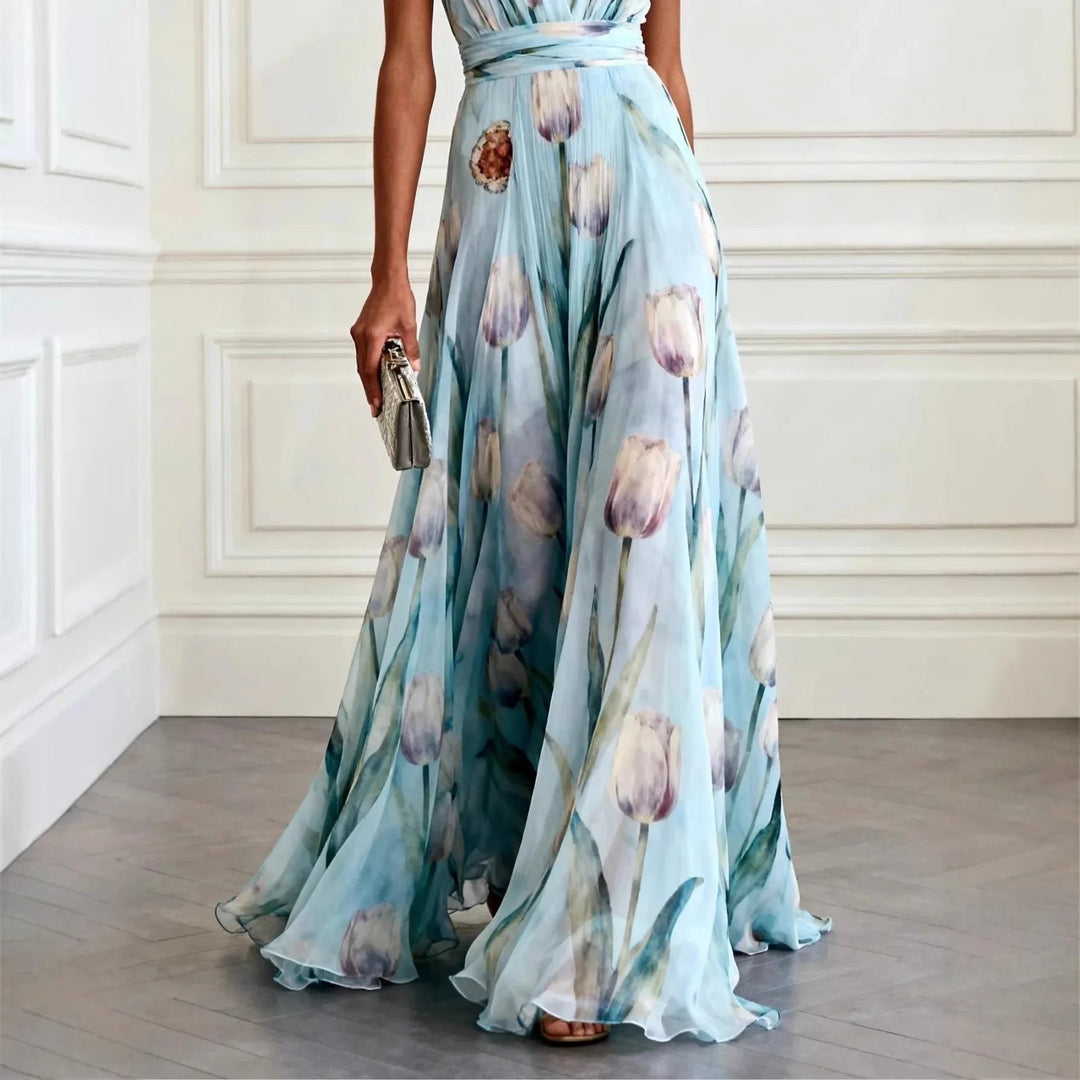 Comfortable women's V-neck wrap maxi dress, an elegant long dress for summer garden parties & casual wear.