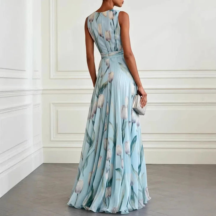 Chic women's V-neck wrap maxi dress featuring a beautiful pattern, ideal for spring outings and special events.