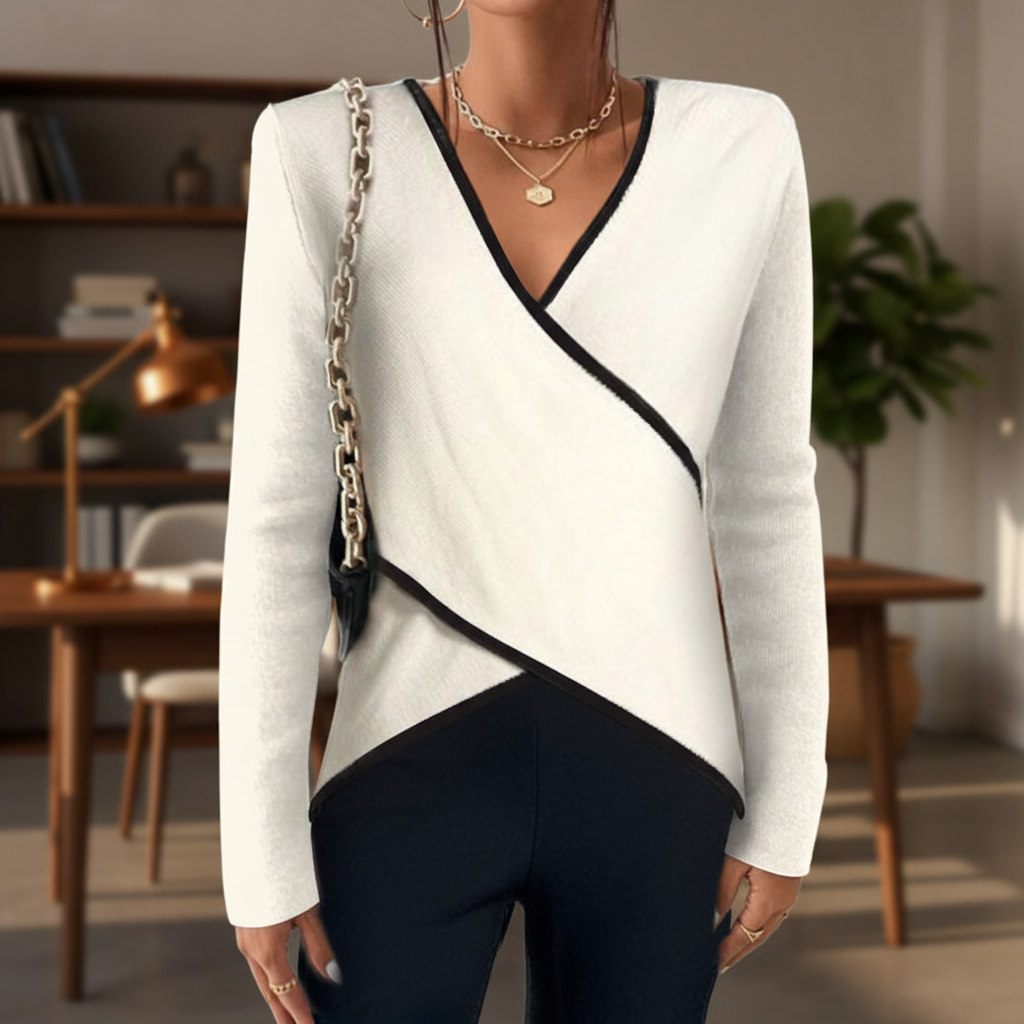 Elegant women's V-neck wrap sweater in soft knit, ideal for fall fashion