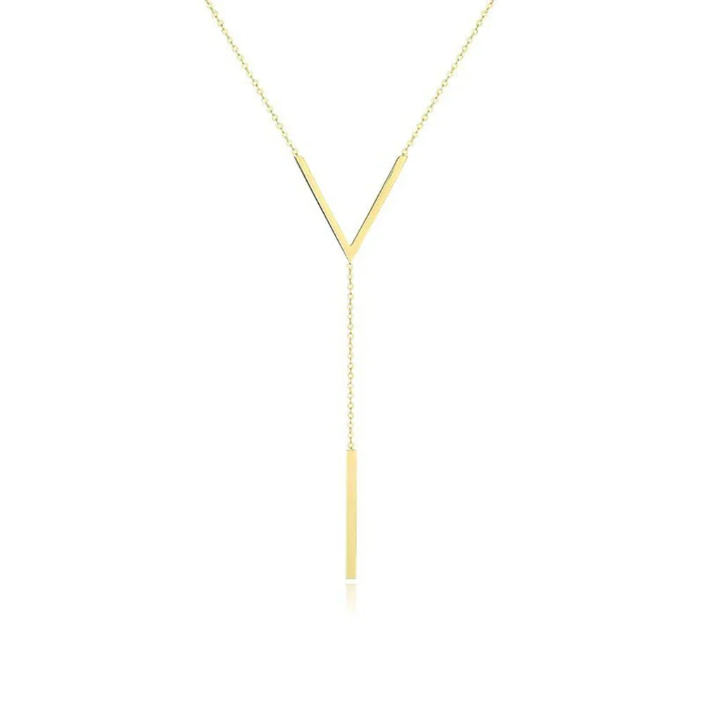 Gold tone V-shaped stainless steel necklace for women. Elegant and minimalist fashion accessory.
