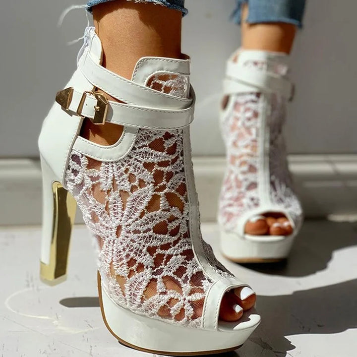 Detailed view of the luxurious material of the Women's Valencia platform high heels for sophisticated style.