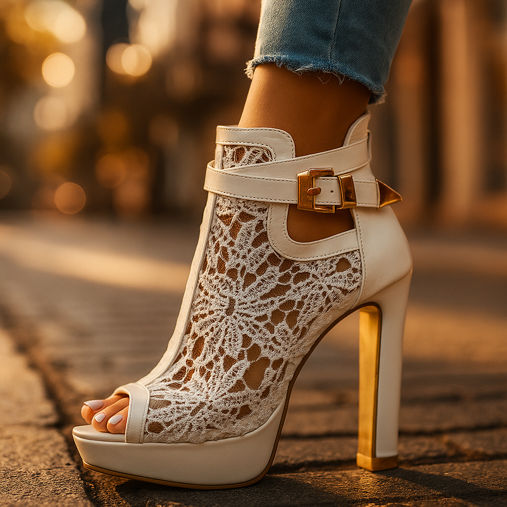 Close-up of the elegant platform sole on Valencia high heels, offering comfort and height for evening wear.
