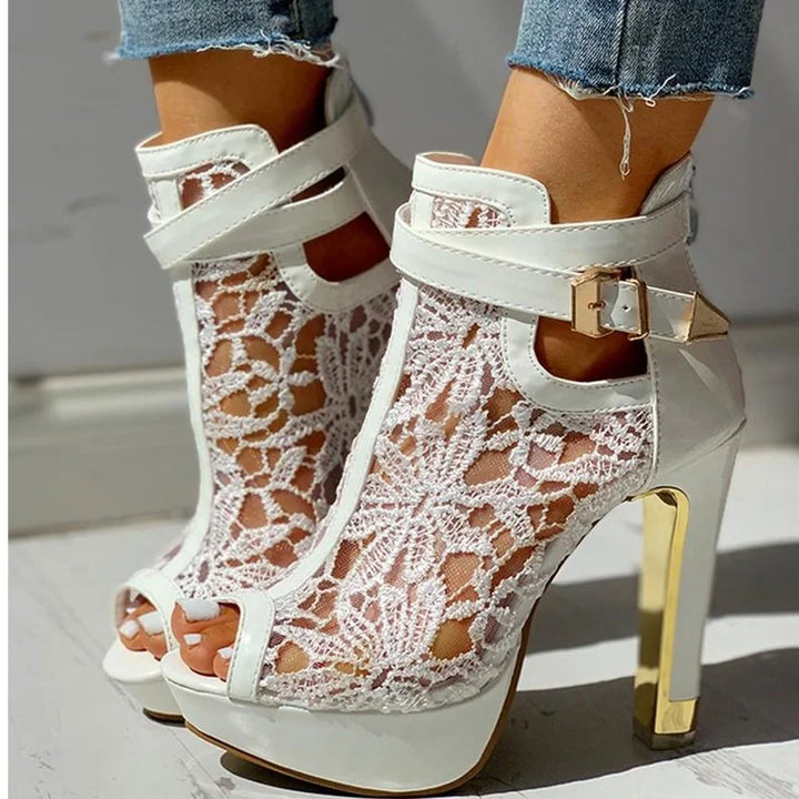 Stunning high heel detail on Women's Valencia platform shoes, designed for sophisticated party attire.