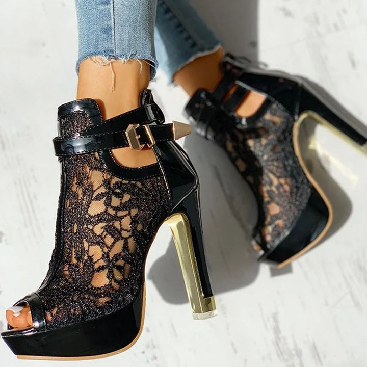 Rear view of the Valencia Style elegant platform heels, highlighting the sturdy high heel and ankle strap.