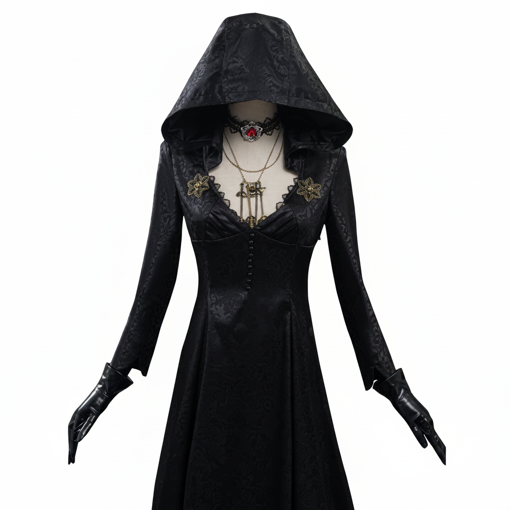 Official Women's Vampire Lady Evil Village costume for cosplay. High-quality elegant gaming outfit for Halloween fun.