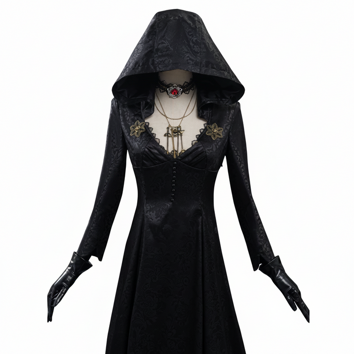 Official Women's Vampire Lady Evil Village costume for cosplay. High-quality elegant gaming outfit for Halloween fun.