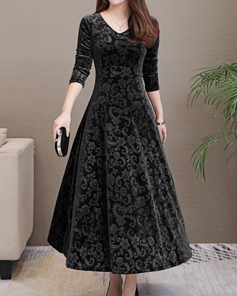 A-line velvet midi dress for women with long sleeves & V-neck, ideal for autumn/winter style.