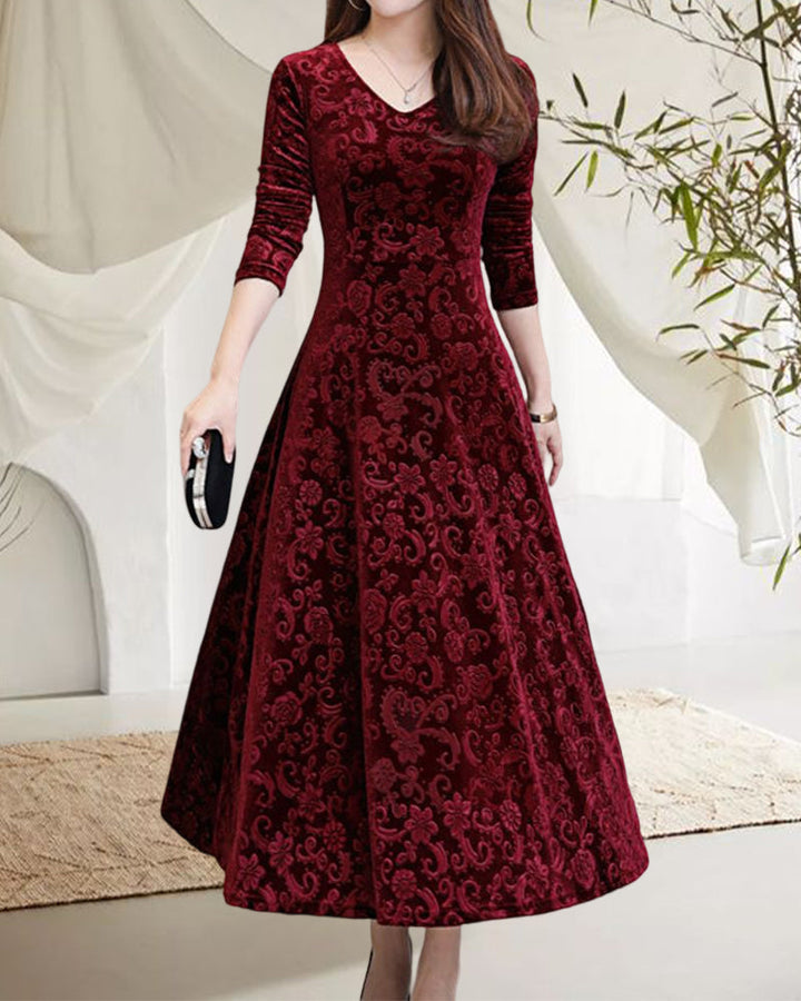 Sophisticated long sleeve velvet midi dress, perfect for evening wear, formal events & special occasions.