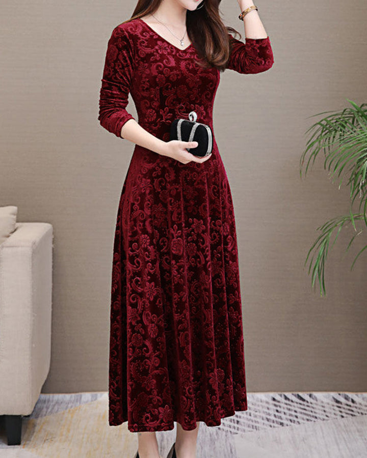 Luxurious velvet long sleeve midi dress for women, an elegant choice for sophisticated events & evening wear.
