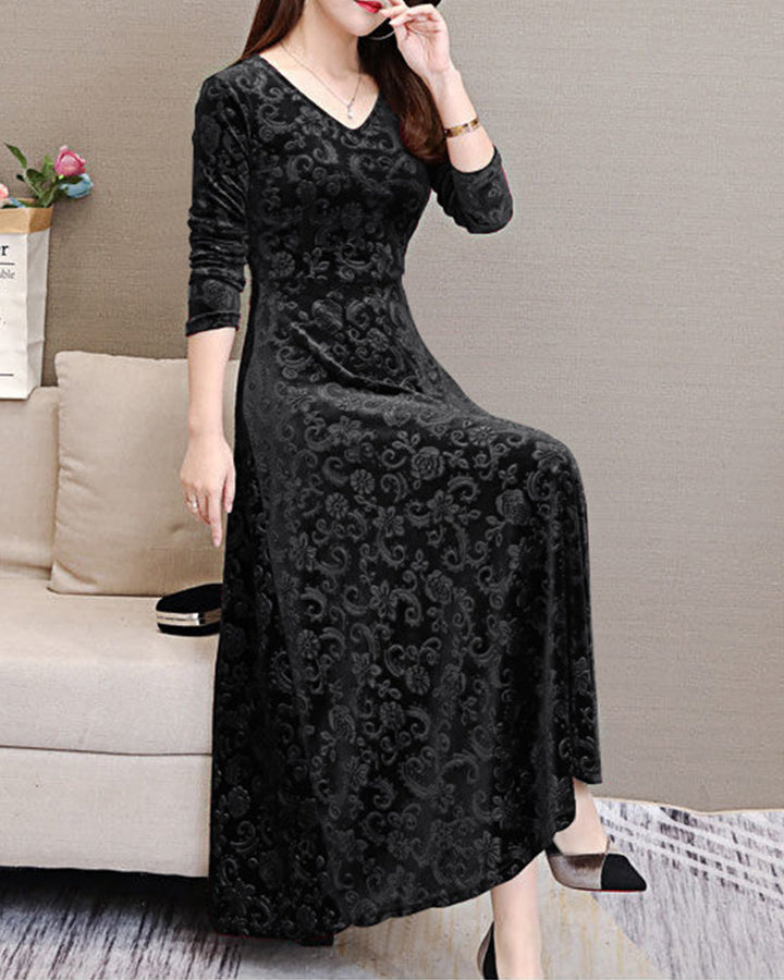 Women's elegant long sleeve velvet midi dress, A-line cut, V-neck, ideal for formal & sophisticated wear.