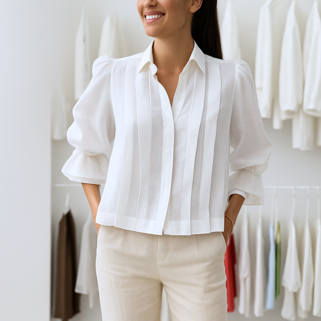 Elegant women's Vienna pleated blouse with sophisticated puffed sleeves, perfect for office or casual chic style.