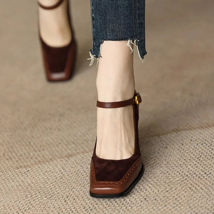 Sculpted women's block heels, offering elegant comfort and vintage style, suitable for various fashion looks.