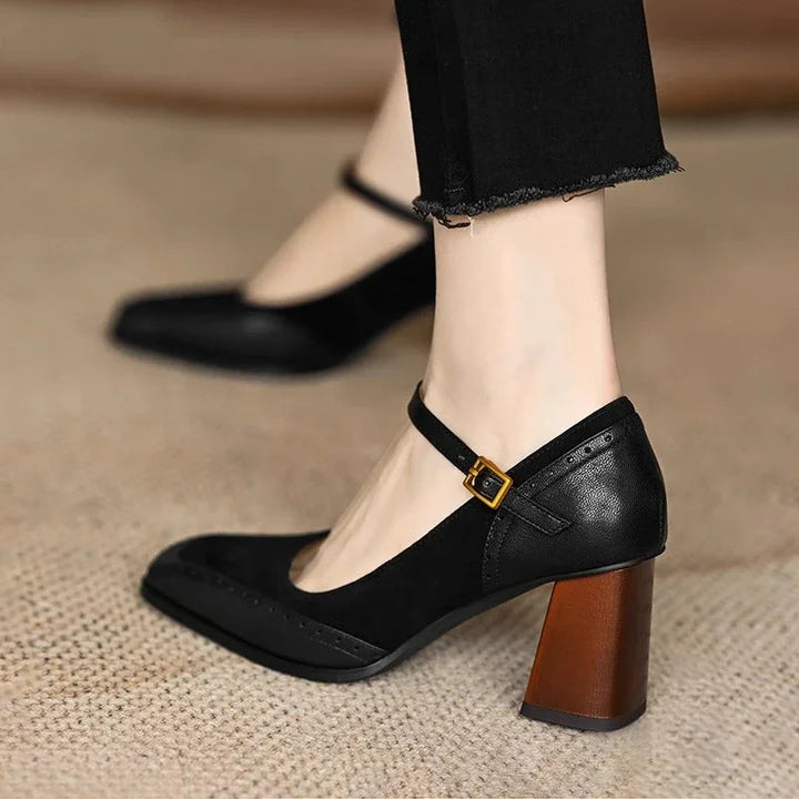 Classic vintage block heels for women, featuring a comfortable adjustable strap for elegant and versatile styling.