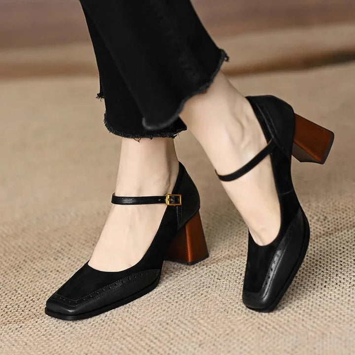Elegant women's block heels, vintage-inspired for day to night comfort, perfect chic dress shoes with an adjustable strap.