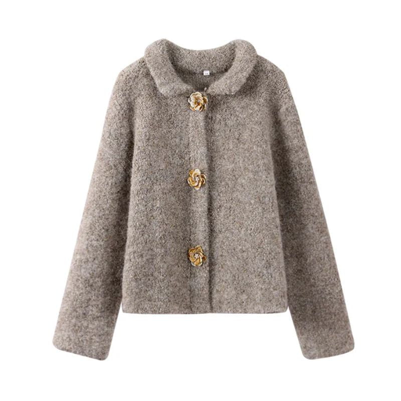 Elegant women's vintage floral button cardigan. Cozy knitwear, perfect for fall & winter layering. Classic chic fashion.