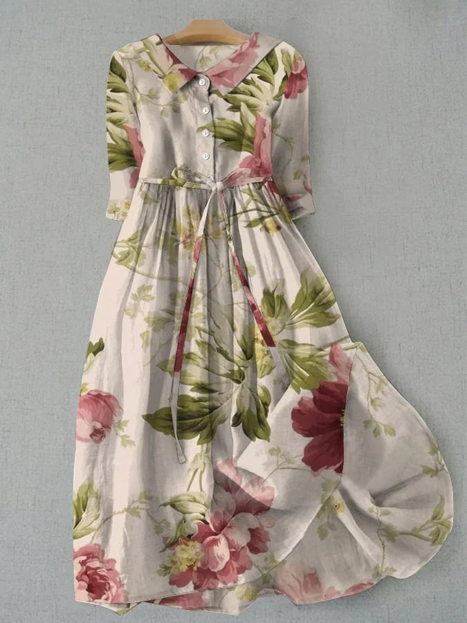 Elegant women's vintage floral lace-up midi summer dress, ideal for wedding guests or boho vacation outfits.