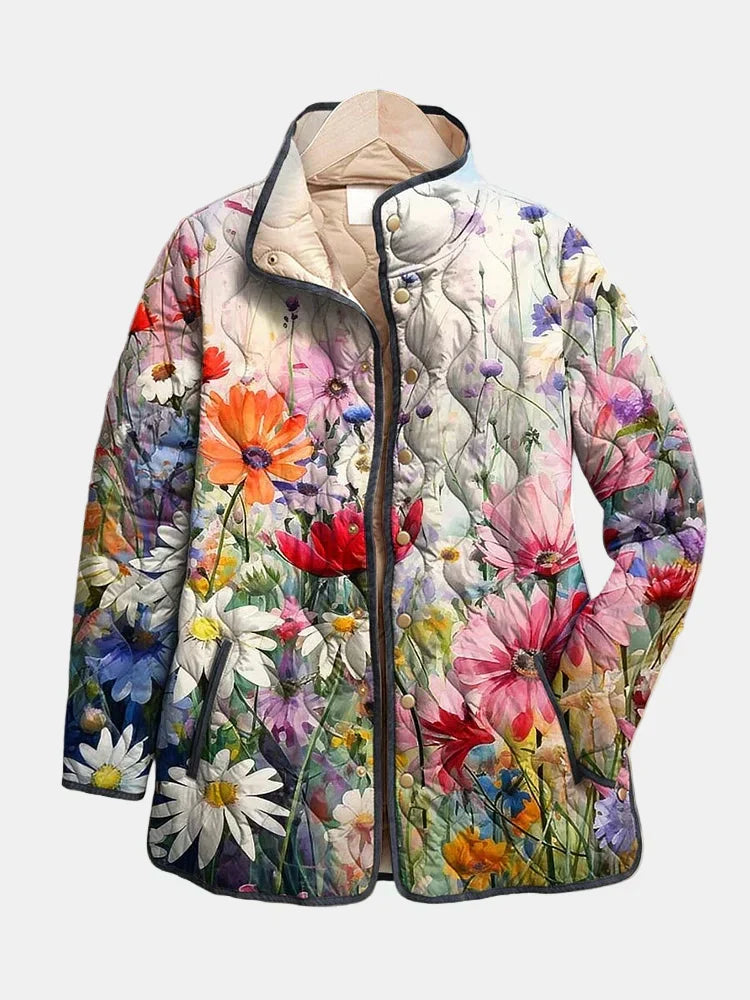 Elegant women's vintage floral quilted jacket with a charming floral print, perfect for cozy layering or casual wear.