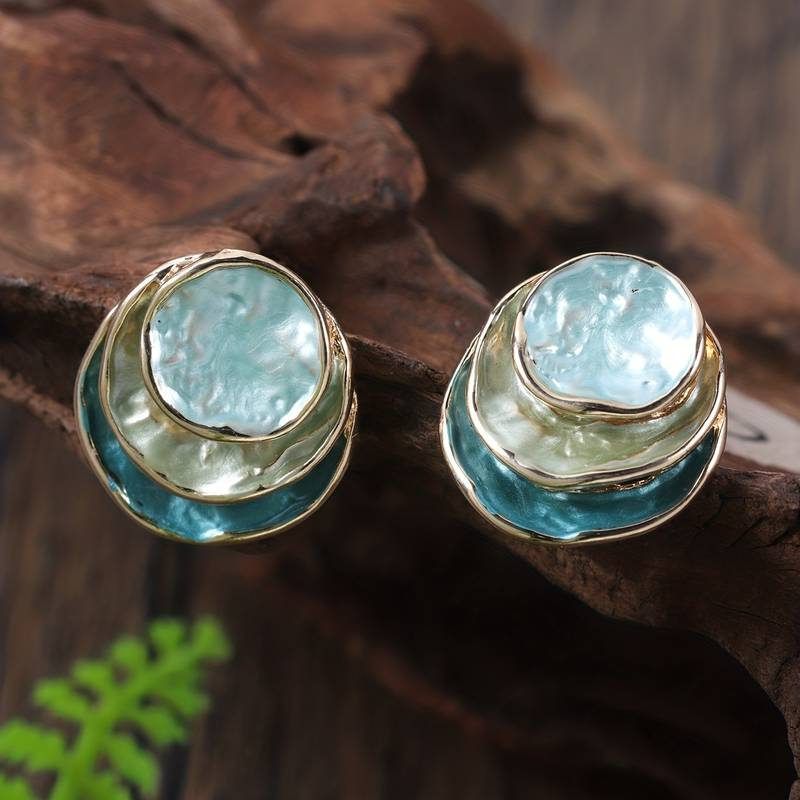 Elegant women's vintage multi-layered round earrings with hand-painted enamel & gold-plated finish.