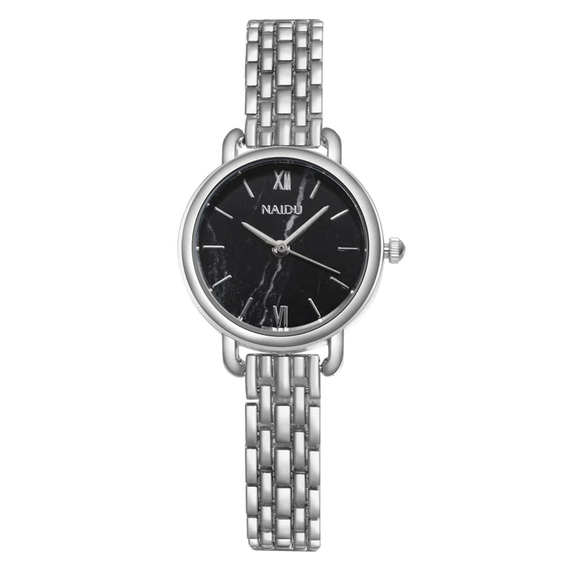 Fashion-forward women's watch, captivating marble dial, polished stainless steel case & band. Elegant accessory.