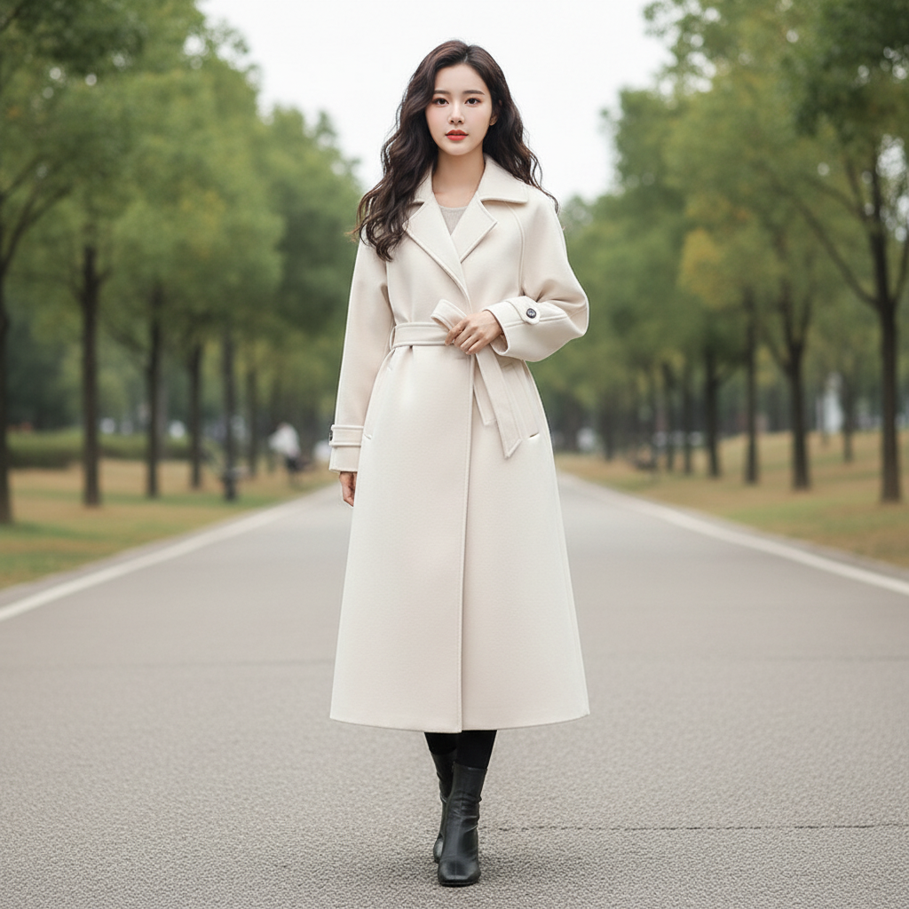 Elegant women's water-repellent long coat in khaki, perfect for stylish rainy weather