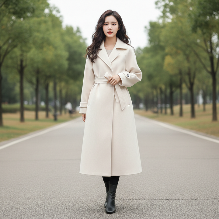 Elegant women's water-repellent long coat in khaki, perfect for stylish rainy weather