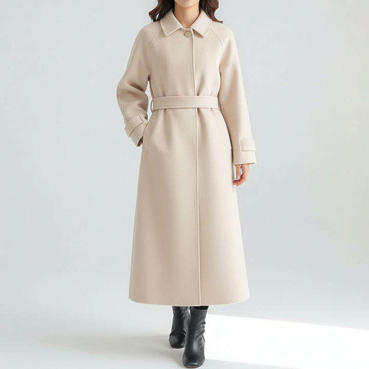 Stylish women's beige water-resistant long coat, a chic outerwear fashion piece