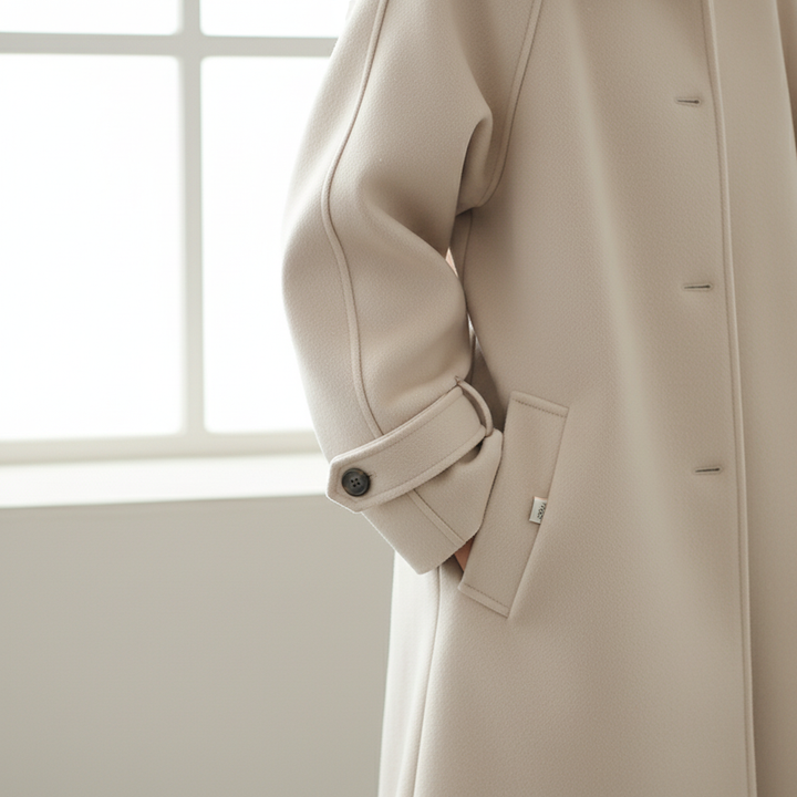 Khaki women's waterproof long rain jacket, combining elegance and weather protection