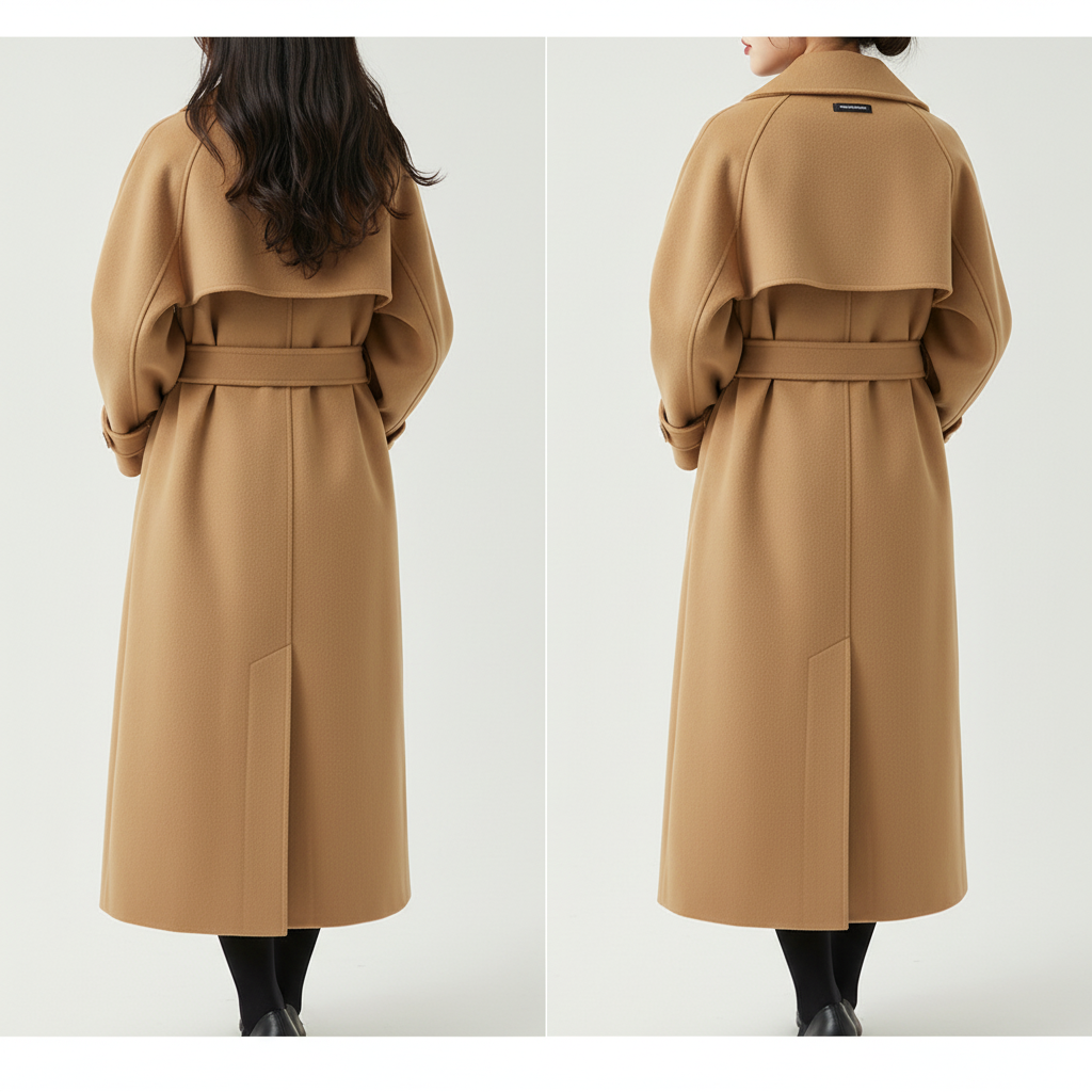 Close-up of the fabric texture of a women's water-repellent long coat in khaki