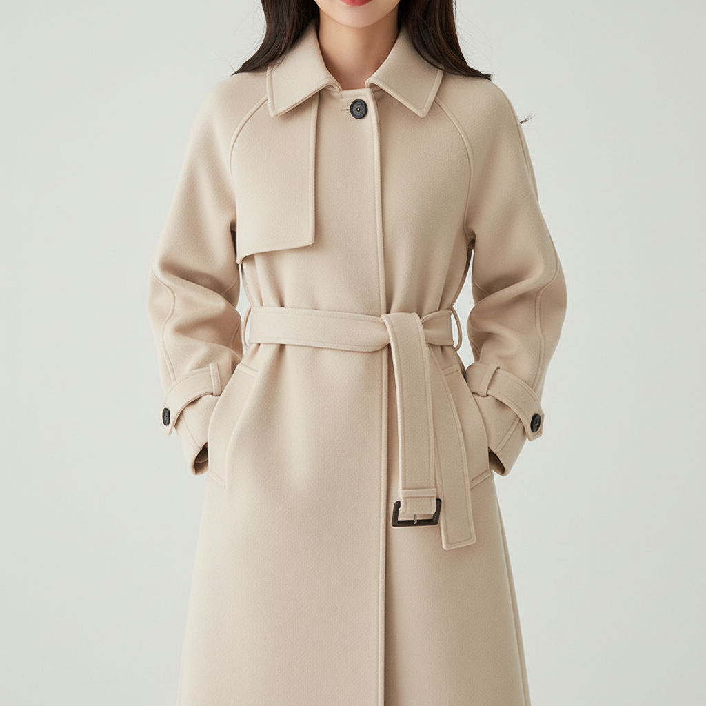 Full-length view of a women wearing an elegant beige water-repellent long coat, outdoor