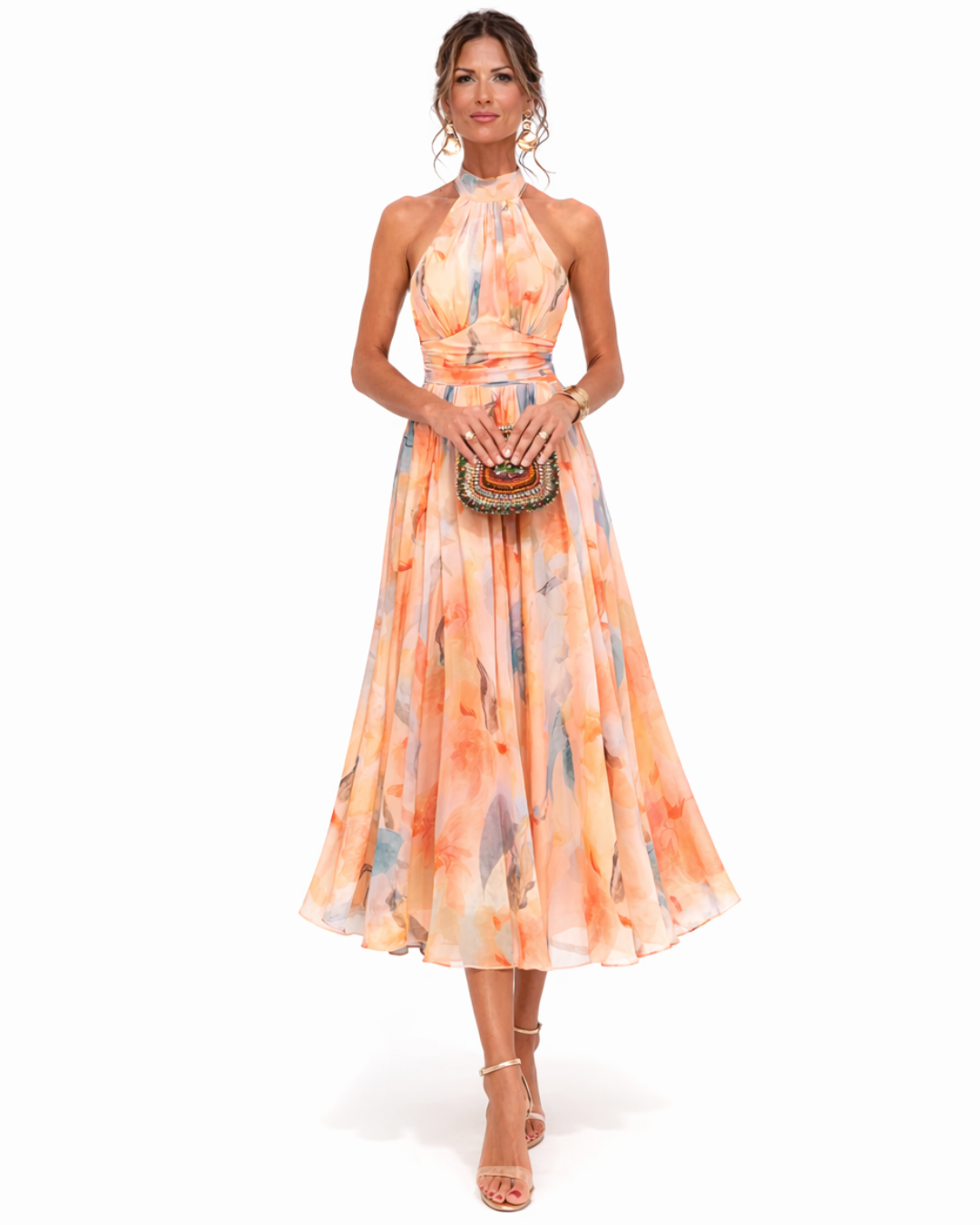 Elegant women's watercolor print halter neck maxi dress, perfect for summer fashion & special occasions.