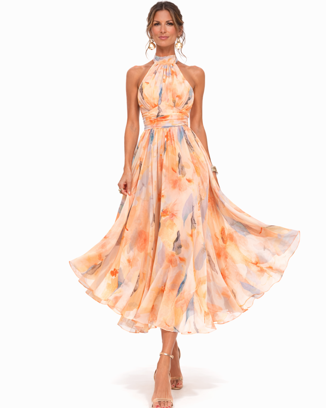 Flowy watercolor print halter maxi dress for women, vibrant and versatile, ideal for beachwear or day to night.