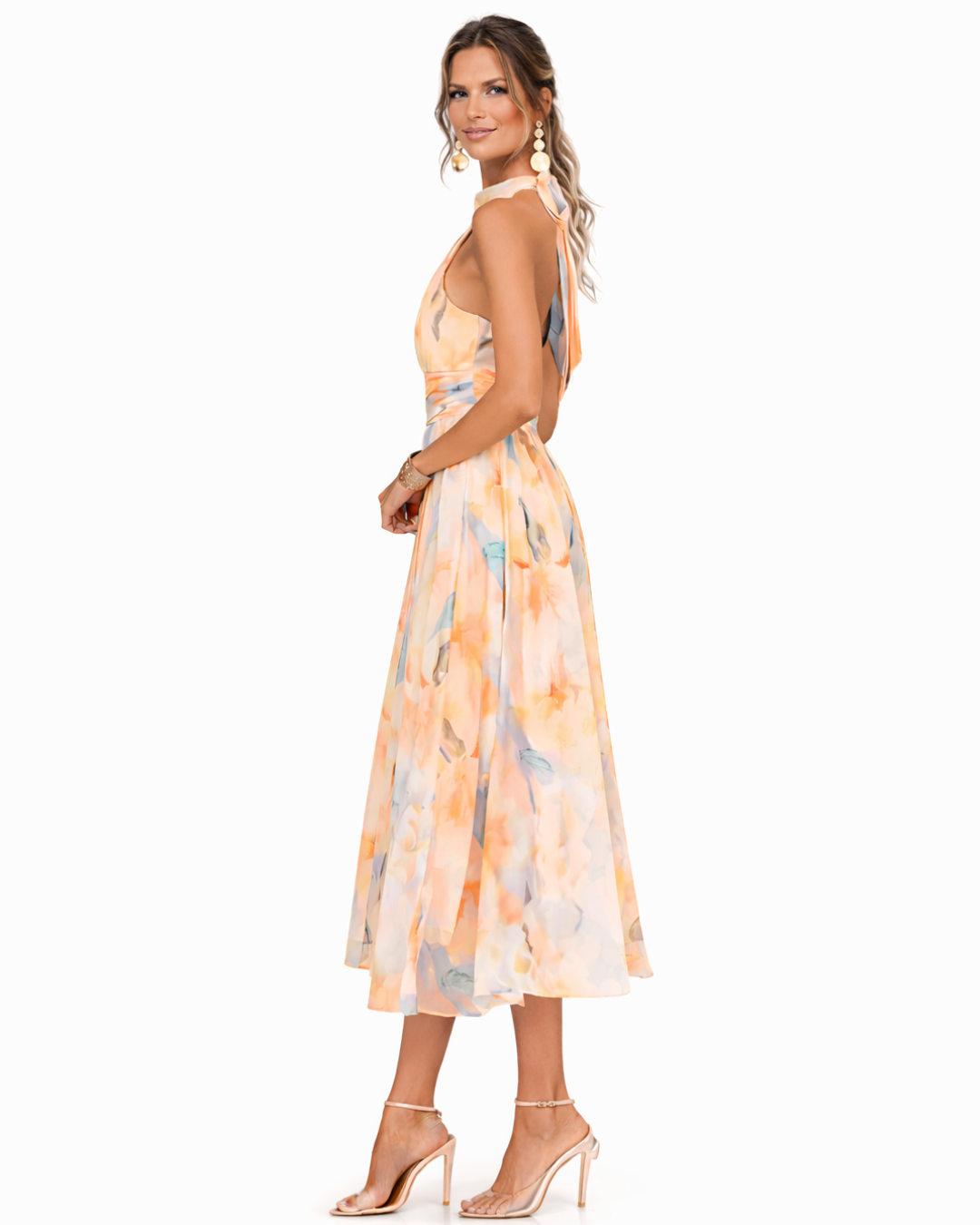 Stylish women's halter neck maxi dress featuring a beautiful watercolor print, offering effortless elegant style.
