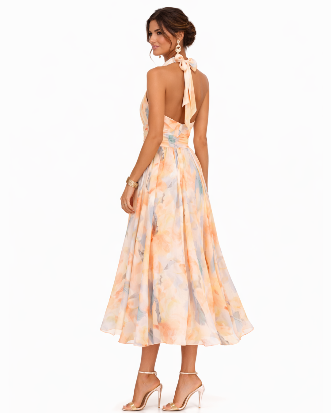 Comfortable women's watercolor halter neck maxi dress with a vibrant print, great for summer fashion & versatility.