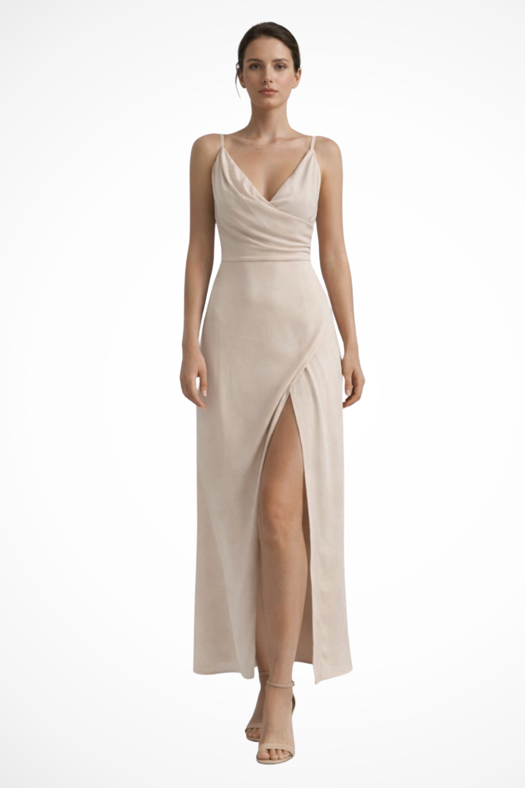 Chic long women's party dress featuring a draped bodice, high slit, and elegant design, ideal for evening wear.