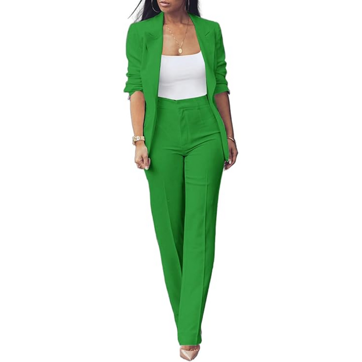 Flat lay of the trendy dames blazer and trousers, showcasing the complete women's business suit set