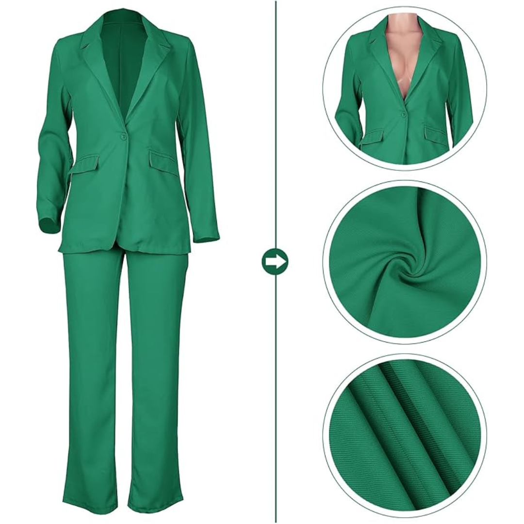 Fashionable women's two-piece suit: elegant blazer and trousers in a chic design, ideal for business