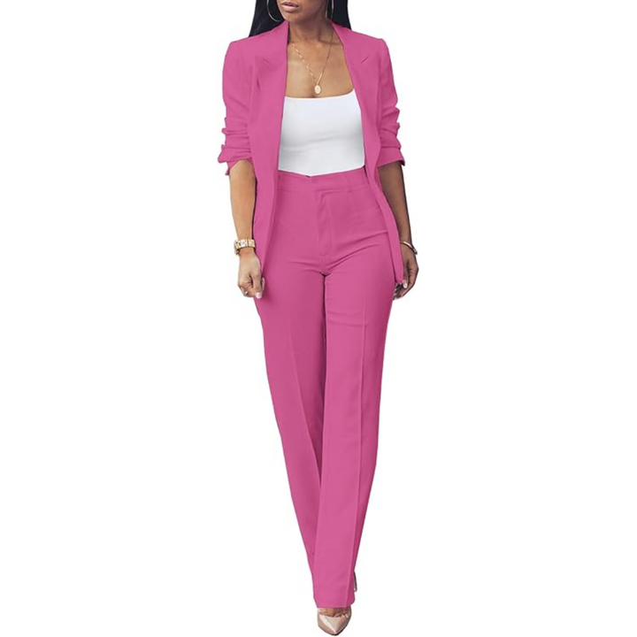 Full-body view of a model wearing the white women's blazer and trouser set, exuding business elegance