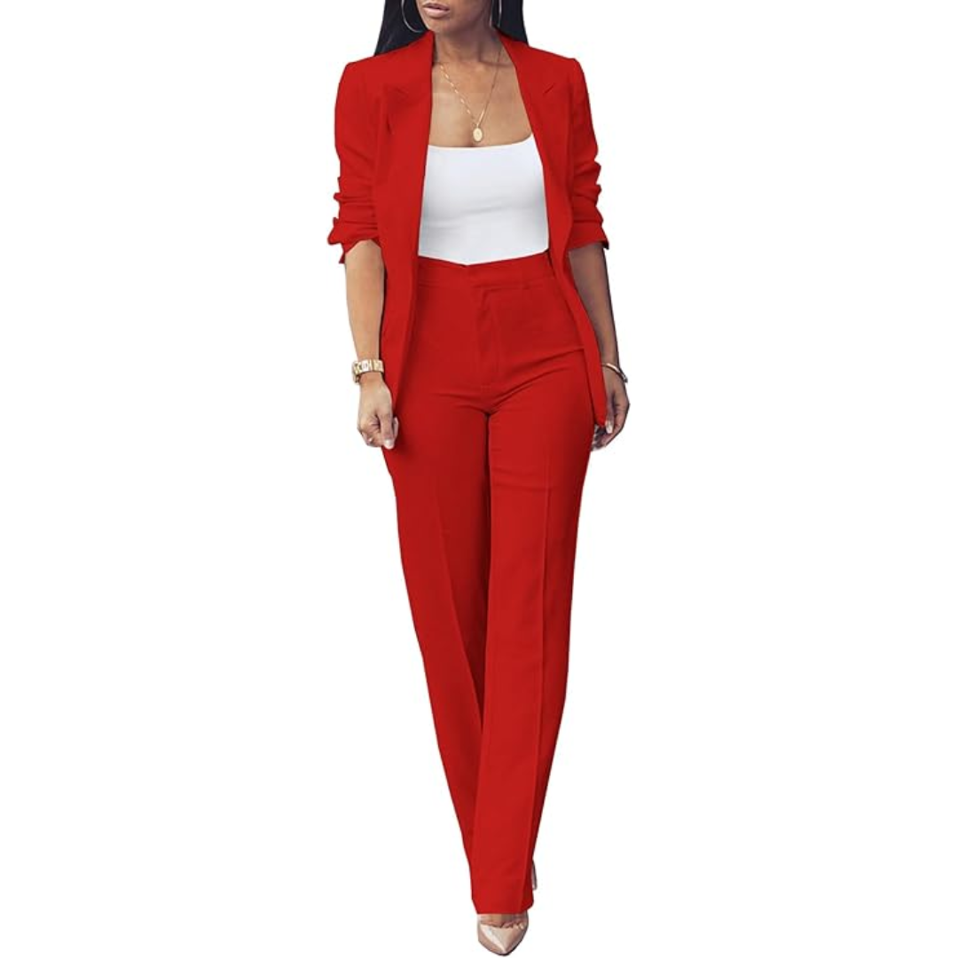 Back view of the women's blazer set, emphasizing the tailored silhouette and sophisticated office wear