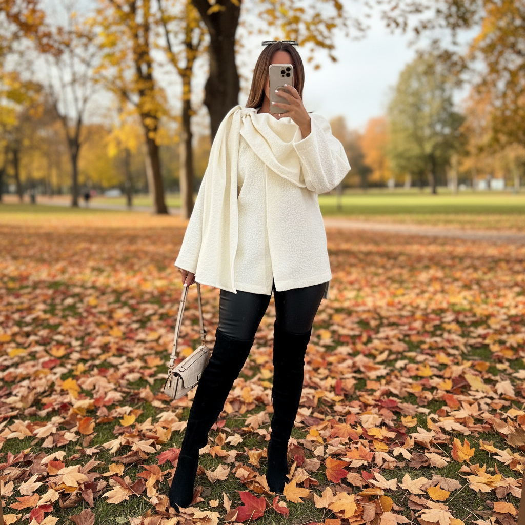 Elegant women's white boucle poncho with integrated scarf detail, perfect winter fashion
