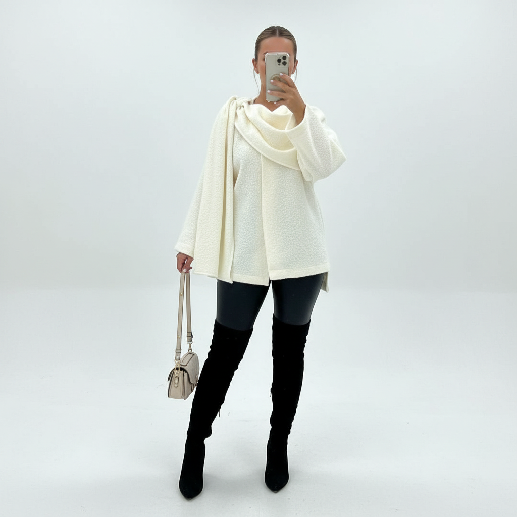 Close-up of white boucle fabric on a women's poncho with an elegant scarf for cozy outerwear