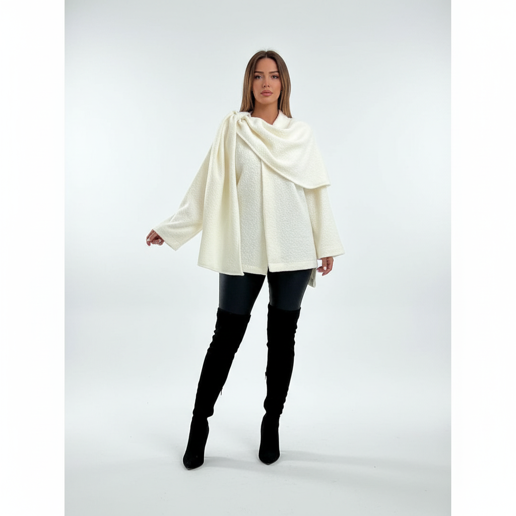 Chic white boucle poncho for women, featuring a sophisticated scarf detail and cozy wrap design