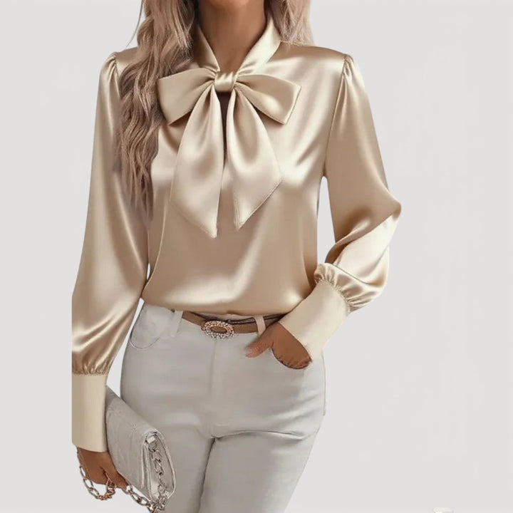 Khaki flowy bow neck blouse for women, a versatile long sleeve top suitable for dressy office wear or casual outings.