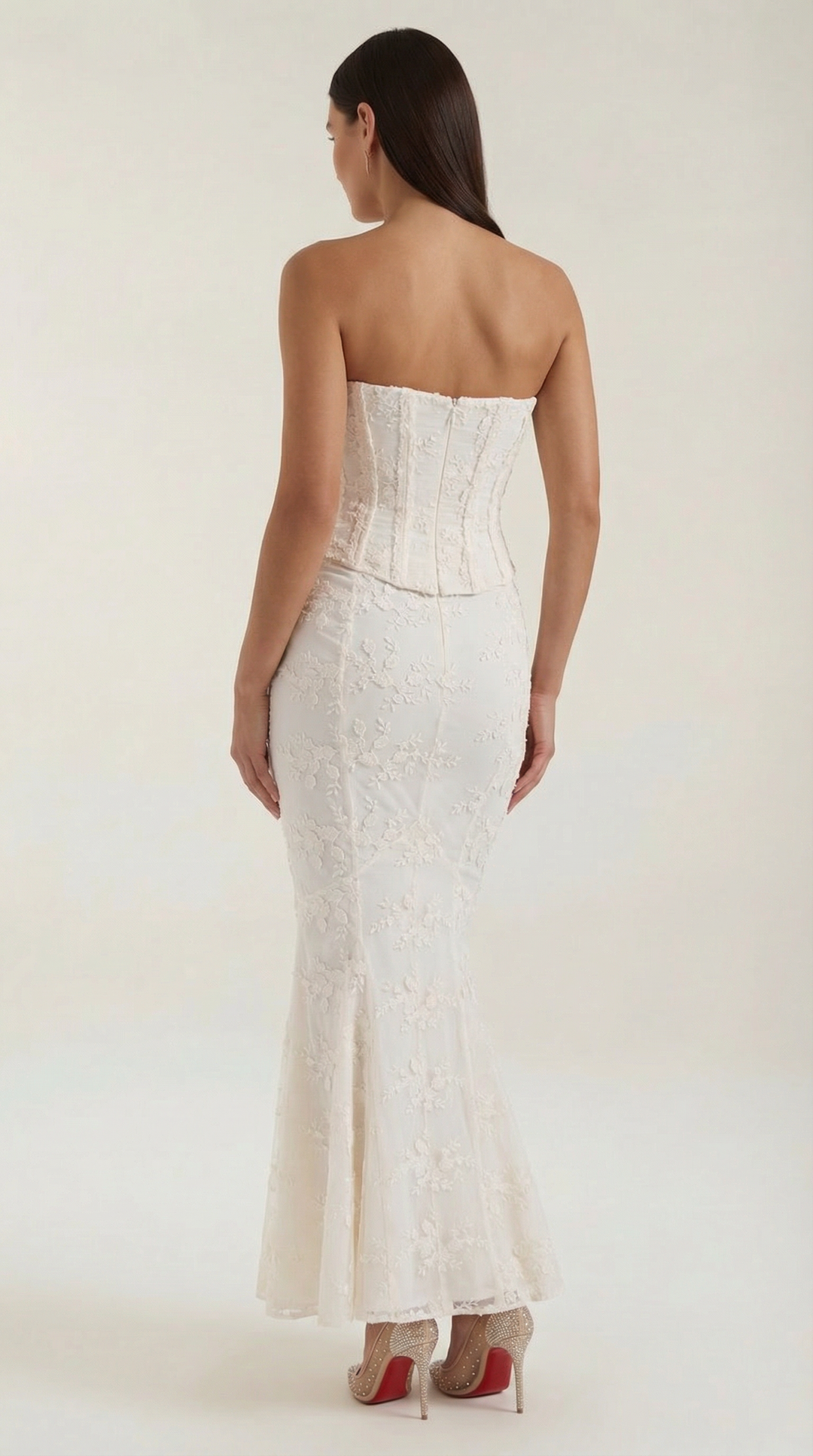 Chic white strapless corset maxi dress, an ideal bridal gown, wedding guest, or formal party dress for special evening events.